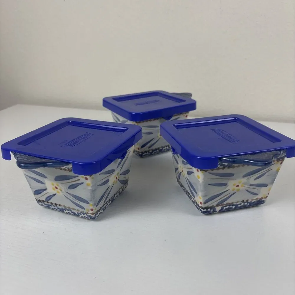 Temptations Ramekin Old World Blue Baking Dish Lids 3.75